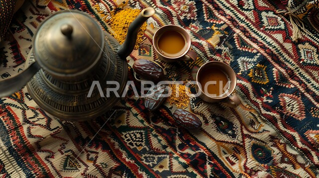 بن مصنوع بالطريقة العربية الشرقية, مشروبات منشطة وكافيين, التقاليد والعادات الأصيلة المتوارثة من الأجداد, دلة قهوة وفناجين نحاسية موضوعة على سجادة شعبية منسوجة بزخارف تقليدية