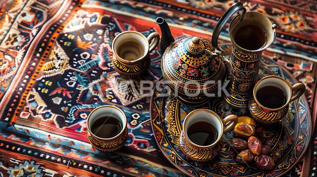 دلة قهوة وفناجين نحاسية موضوعة على سجادة شعبية منسوجة بزخارف تقليدية, بن مصنوع بالطريقة العربية الشرقية, مشروبات منشطة وكافيين, التقاليد والعادات الأصيلة المتوارثة من الأجداد