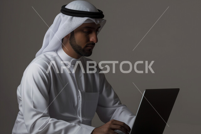 إدارة شؤون الأعمال وتنظيمها عبر الاجهزة التقنية، دمج العمل مع التقنية والتكنولوجيا، بورتريه مقرب لرجل اعمال عربي خليجي سعودي يرتدي الزي التقليدي والغترة يعمل على جهاز الحاسوب المحمول بإيماءات التركيز، مهن ووظائف ادارية مكتبية، خلفية رمادية