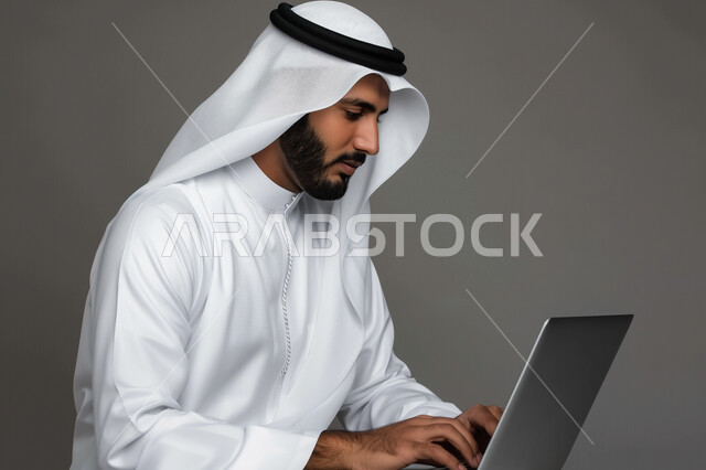 إدارة شؤون الأعمال وتنظيمها عبر الاجهزة التقنية، دمج العمل مع التقنية والتكنولوجيا، بورتريه مقرب لرجل اعمال عربي خليجي سعودي يرتدي الزي التقليدي والغترة يعمل على جهاز الحاسوب المحمول بإيماءات التركيز، مهن ووظائف ادارية مكتبية، خلفية رمادية