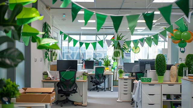 الاعتزاز بالهوية السعودية, الاحتفال بالأعياد و المناسبات الوطنية, مكتب مزين بالرايات الخضراء والأعلام الاحتفالية, استذكار اليوم الوطني السعودي, مفهوم الانتماء و الفخر بالوطن