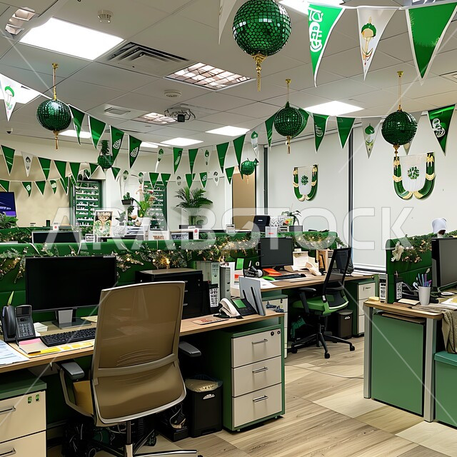 مكتب مزين بالرايات الخضراء والأعلام الاحتفالية، استذكار اليوم الوطني السعودي, مفهوم الانتماء و الفخر بالوطن, الاعتزاز بالهوية السعودية, الاحتفال بالأعياد و المناسبات الوطنية