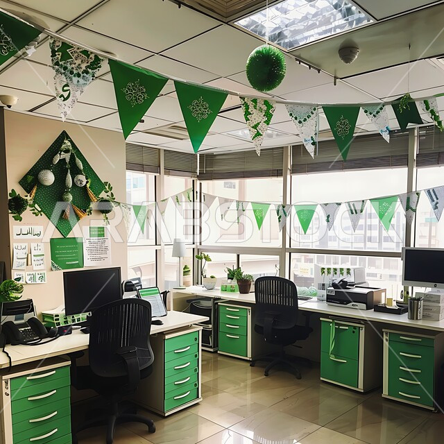 Pride in Saudi identity, celebrating national holidays and occasions, office decorated with green banners and festive flags, commemorating Saudi National Day, concept of belonging and pride in the homeland