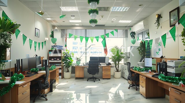 استذكار اليوم الوطني السعودي, مفهوم الانتماء و الفخر بالوطن, الاعتزاز بالهوية السعودية, الاحتفال بالأعياد و المناسبات الوطنية, مكتب مزين بالرايات الخضراء والأعلام الاحتفالية