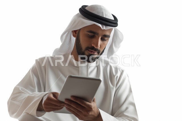 تصفح مواقع التواصل الاجتماعي، إدارة شؤون الأعمال وتنظيمها عبر الاجهزة التقنية، دمج العمل مع التقنية والتكنولوجيا، بورتريه مقرب لرجل اعمال عربي خليجي سعودي يرتدي الزي التقليدي والغترة يعمل على جهاز التابلت المحمول بإيماءات التركيز، خلفية بيضاء