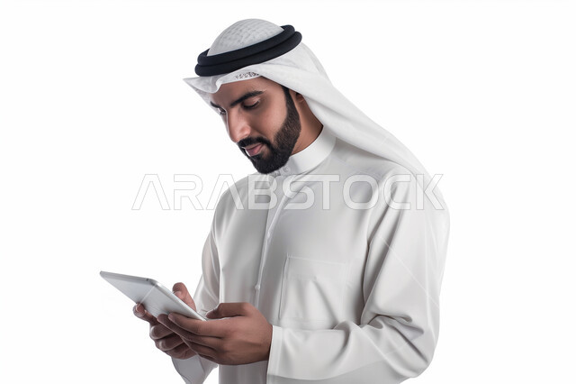 تصفح مواقع التواصل الاجتماعي، إدارة شؤون الأعمال وتنظيمها عبر الاجهزة التقنية، دمج العمل مع التقنية والتكنولوجيا، بورتريه مقرب لرجل اعمال عربي خليجي سعودي يرتدي الزي التقليدي والغترة يعمل على جهاز التابلت المحمول بإيماءات التركيز، خلفية بيضاء