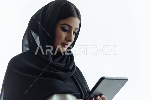Chatting and communicating with family and friends, browsing social media, shopping via technical devices, close-up portrait of a veiled Saudi Arabian Gulf woman wearing an abaya working on a mobile tablet with gestures of pleasure, white background