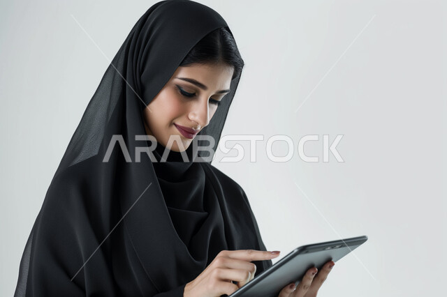 الدردشة والتواصل مع الأهل والأصدقاء، تصفح مواقع التواصل الاجتماعي، التسوق عبر الاجهزة التقنية، بورتريه مقرب لسيدة عربية خليجية سعودية محجبة ترتدي العباءة تعمل على جهاز التابلت المحمول بإيماءات السرور، خلفية رمادية