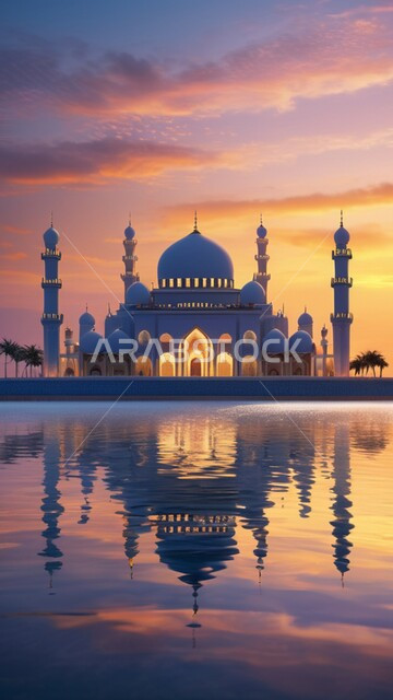 نداء المسلمين لأداء العبادات والفرائض, انعكاس مجسم المسجد على سطح المياه, العبادة والتقرب إلى الله تعالى, الهندسة المعمارية على الطراز الحديث والمتطور لبناء المساجد في المملكة العربية السعودية