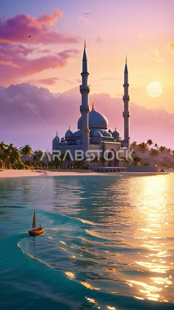 الأشجار والنباتات الخضراء المحيطة بالجامع, منظر السماء المليئة بالغيوم القطنية, الفن الهندسي المعماري لبناء المساجد في المملكة العربية السعودية, معالم واماكن سلامية مقدسة, نداء المسلمين لأداء العبادات والفرائض, الهندسة المعمارية لمسجد اسلامي مطل على البحر