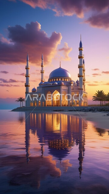 Calling Muslims to perform acts of worship and duties, reflection of the mosque model on the surface of the water, worship and drawing closer to God Almighty, modern and advanced architecture for building mosques in the Kingdom of Saudi Arabia