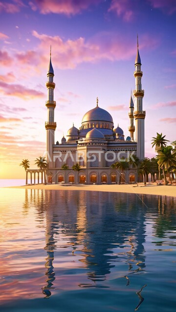 نداء المسلمين لأداء العبادات والفرائض, انعكاس مجسم المسجد على سطح المياه, العبادة والتقرب إلى الله تعالى, الهندسة المعمارية على الطراز الحديث والمتطور لبناء المساجد في المملكة العربية السعودية