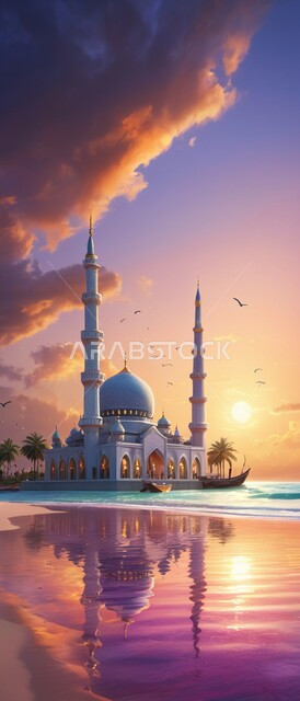 منظر السماء المليئة بالغيوم القطنية, الفن الهندسي المعماري لبناء المساجد في المملكة العربية السعودية, معالم واماكن سلامية مقدسة, نداء المسلمين لأداء العبادات والفرائض, الهندسة المعمارية لمسجد اسلامي مطل على البحر