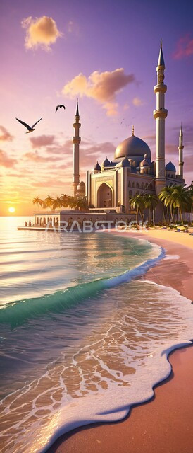 الطيور المحلقة في السماء, الفن الهندسي المعماري لبناء المساجد في المملكة العربية السعودية, مبنى المسجد المطل على البحر في النهار, المآذن والقبب المبنية على الطراز الاسلامي العريق, معالم وأماكن مقدسة, نداء المسلمين لأداء العبادات والفراض