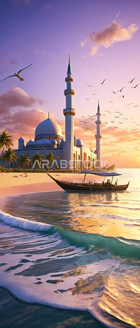 الطيور المحلقة في السماء, الفن الهندسي المعماري لبناء المساجد في المملكة العربية السعودية, مبنى المسجد المطل على البحر في النهار, المآذن والقبب المبنية على الطراز الاسلامي العريق, معالم وأماكن مقدسة, نداء المسلمين لأداء العبادات والفراض