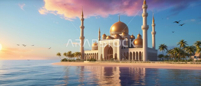 منظر السماء المليئة بالغيوم القطنية, الفن الهندسي المعماري لبناء المساجد في المملكة العربية السعودية, معالم واماكن سلامية مقدسة, نداء المسلمين لأداء العبادات والفرائض, الهندسة المعمارية لمسجد اسلامي مطل على البحر