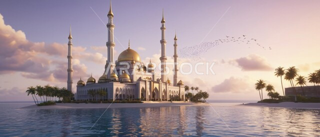 معالم واماكن سلامية مقدسة, نداء المسلمين لأداء العبادات والفرائض, الهندسة المعمارية لمسجد اسلامي مطل على البحر, منظر السماء المليئة بالغيوم القطنية, الفن الهندسي المعماري لبناء المساجد في المملكة العربية السعودية