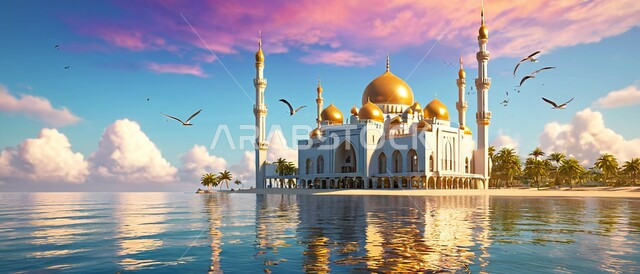View of the sky filled with cotton clouds, architectural engineering art of building mosques in the Kingdom of Saudi Arabia, holy Islamic landmarks and places, call of Muslims to perform worship and duties, architecture of an Islamic mosque overlooking the sea