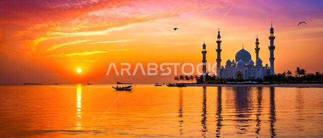 انعكاس مجسم المسجد على سطح مياه البحر, مفهوم العبادة والتقرب الى الله تعالى, الفنون الهندسية المعمارية على الطراز الاسلامي لأحد المساجد وقت غروب الشمس في المملكة العربية السعودية, نداء المسلمين لأداء الفرائض والعبادات