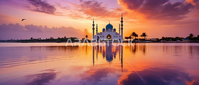 انعكاس مجسم المسجد على سطح مياه البحر, مفهوم العبادة والتقرب الى الله تعالى, الفنون الهندسية المعمارية على الطراز الاسلامي لأحد المساجد وقت غروب الشمس في المملكة العربية السعودية, نداء المسلمين لأداء الفرائض والعبادات