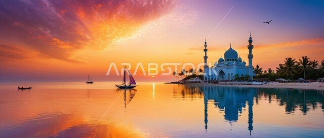 مفهوم العبادة والتقرب الى الله تعالى, الفنون الهندسية المعمارية على الطراز الاسلامي لأحد المساجد وقت غروب الشمس في المملكة العربية السعودية, نداء المسلمين لأداء الفرائض والعبادات, انعكاس مجسم المسجد على سطح مياه البحر