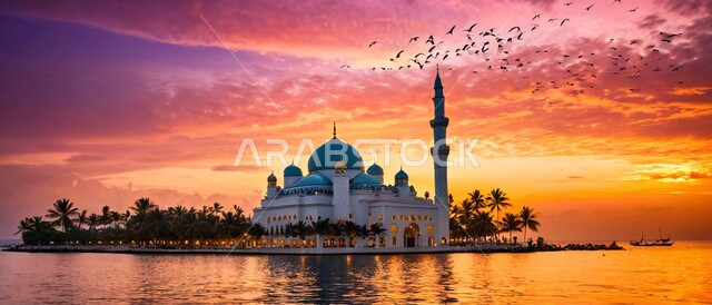 المعالم والأماكن الاسلامية اثناء غروب الشمس, مفهوم العبادة والتقرب الى الله تعالى, الفنون الهندسية المعمارية على الطراز الاسلامي لأحد المساجد في المملكة العربية السعودية, نداء المسلمين لأداء الفرائض والعبادات