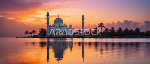 The concept of worship and drawing closer to God Almighty, Islamic architectural engineering arts of a mosque at sunset in the Kingdom of Saudi Arabia, the call of Muslims to perform religious duties and worship, the reflection of the mosque model on the surface of the sea