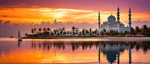 الفنون الهندسية المعمارية على الطراز الاسلامي لأحد المساجد وقت غروب الشمس في المملكة العربية السعودية, نداء المسلمين لأداء الفرائض والعبادات, انعكاس مجسم المسجد على سطح مياه البحر, مفهوم العبادة والتقرب الى الله تعالى