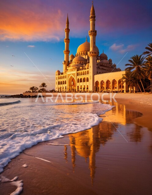أمواج البحر الهادئة, نداء المسلمين لأداء العبادات والفرائض, التطور والتقدم العمراني لبناء المساجد في المملكة, مسجد مطل على البحر في السعودية, منظر غروب الشمس أمام المعالم والأماكن الاسلامية