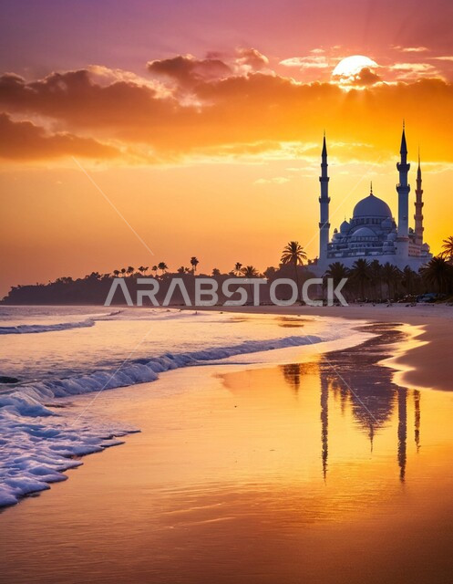 التطور والتقدم العمراني لبناء المساجد في المملكة, مسجد مطل على البحر في السعودية, منظر غروب الشمس أمام المعالم والأماكن الاسلامية, أمواج البحر الهادئة, نداء المسلمين لأداء العبادات والفرائض