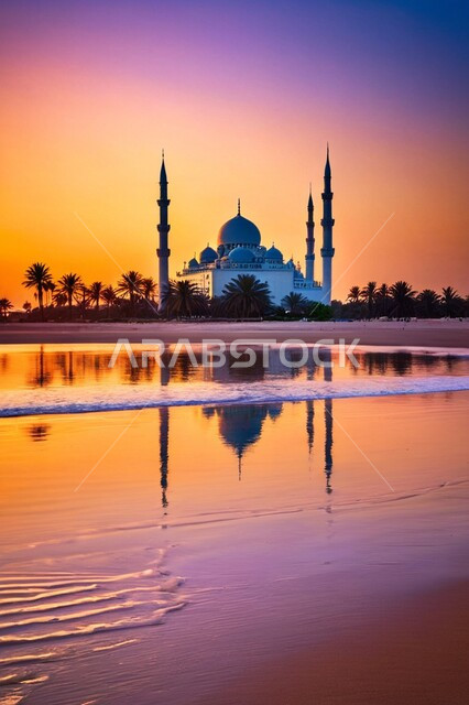 التطور والتقدم العمراني لبناء المساجد في المملكة, مسجد مطل على البحر في السعودية, منظر غروب الشمس أمام المعالم والأماكن الاسلامية, أمواج البحر الهادئة, نداء المسلمين لأداء العبادات والفرائض