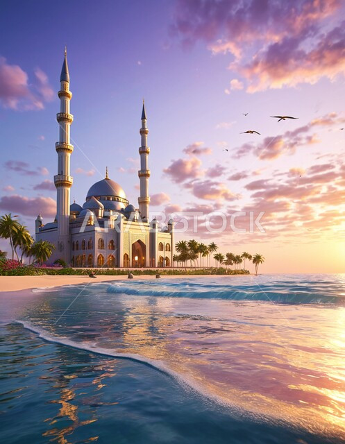 أشجار النخيل المحيطة بالمسجد المطل على البحر, تصاميم هندسية فاخرة, الاستمتاع بالأجواء الروحانية الهادئة, العبادة والتقرب إلى الله تعالى, نداء المسلمين لأداء العبادات والفرائض, معالم وأماكن دينية مقدسة في المملكة العربية السعودية