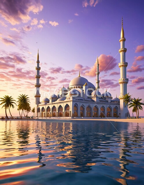 المآذن والقبب على الطراز العريق, التصاميم والديكورات الخارجية لأحد المساجد في المملكة العربية السعودية، الفن الهندسي المعماري للمعالم الدينية المشهورة ، مفهوم العبادة والتقرب الى الله تعالى, انعكاس مجسم المسجد على سطح مياه البحر