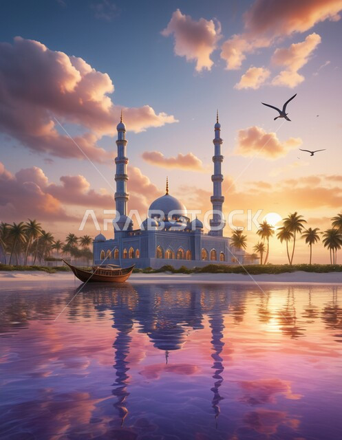 انعكاس مجسم المسجد على سطح مياه البحر, المآذن والقبب على الطراز العريق, التصاميم والديكورات الخارجية لأحد المساجد في المملكة العربية السعودية، الفن الهندسي المعماري للمعالم الدينية المشهورة ، مفهوم العبادة والتقرب الى الله تعالى