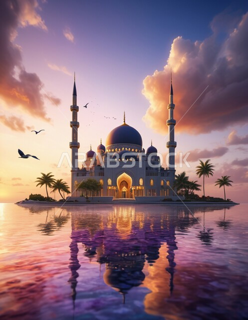 المآذن والقبب على الطراز العريق, التصاميم والديكورات الخارجية لأحد المساجد في المملكة العربية السعودية، الفن الهندسي المعماري للمعالم الدينية المشهورة ، مفهوم العبادة والتقرب الى الله تعالى, انعكاس مجسم المسجد على سطح مياه البحر