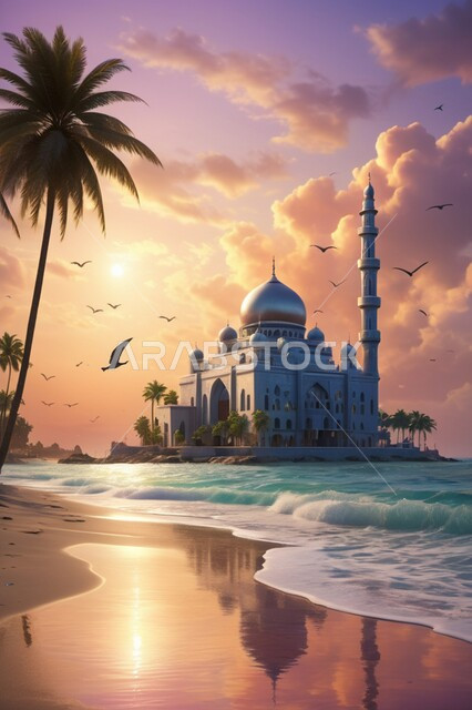 الطيور المحلقة في السماء, الفن الهندسي المعماري لبناء المساجد في المملكة العربية السعودية, مبنى المسجد المطل على البحر في النهار, المآذن والقبب المبنية على الطراز الاسلامي العريق, معالم وأماكن مقدسة, نداء المسلمين لأداء العبادات والفراض