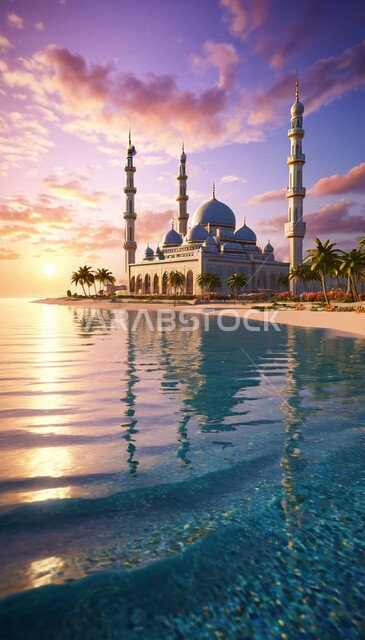 المآذن والقبب على الطراز العريق, التصاميم والديكورات الخارجية لأحد المساجد في المملكة العربية السعودية، الفن الهندسي المعماري للمعالم الدينية المشهورة ، مفهوم العبادة والتقرب الى الله تعالى, انعكاس مجسم المسجد على سطح مياه البحر