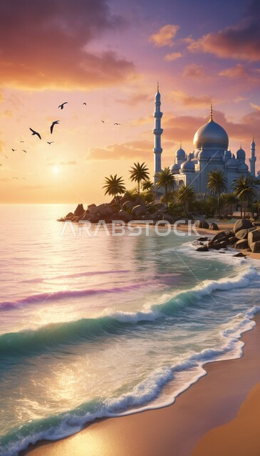 أشجار النخيل المحيطة بالمسجد المطل على البحر, تصاميم هندسية فاخرة, الاستمتاع بالأجواء الروحانية الهادئة, العبادة والتقرب إلى الله تعالى, نداء المسلمين لأداء العبادات والفرائض, معالم وأماكن دينية مقدسة في المملكة العربية السعودية