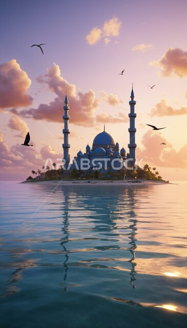 الطيور المحلقة في السماء, الفن الهندسي المعماري لبناء المساجد في المملكة العربية السعودية, مبنى المسجد المطل على البحر في النهار, المآذن والقبب المبنية على الطراز الاسلامي العريق, معالم وأماكن مقدسة, نداء المسلمين لأداء العبادات والفراض