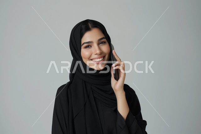 الدردشة والتواصل مع الأهل والأصدقاء، بورتريه مقرب لسيدة عربية خليجية سعودية محجبة ترتدي العباءة تنظر الى الكاميرا تقوم بإجراء مكالمة هاتفية بإيماءات السرور، استخدام الهاتف المحمول والتقنيات الحديثة، خلفية رمادية