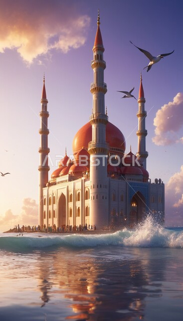  القبب والمآذن على الطراز الاسلامي العريق, مبنى مسجد مطل على البحر في النهار, منظر الطيور المحلقة في السماء, نداء المسلمين لأداء الصلوات والعبادات والفرائض, الهندسة المعمارية الفنية لبناء المساجد في المملكة العربية السعودية