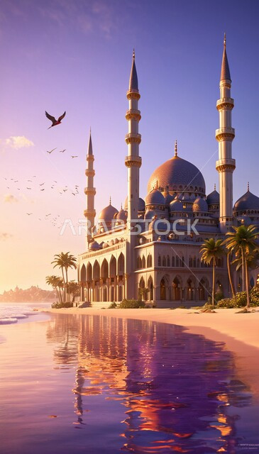 الهندسة المعمارية الفنية لبناء المساجد في المملكة العربية السعودية, القبب والمآذن على الطراز الاسلامي العريق, مبنى مسجد مطل على البحر في النهار, منظر الطيور المحلقة في السماء, نداء المسلمين لأداء الصلوات والعبادات والفرائض