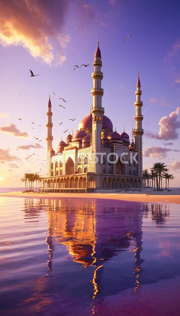 الهندسة المعمارية الفنية لبناء المساجد في المملكة العربية السعودية, القبب والمآذن على الطراز الاسلامي العريق, مبنى مسجد مطل على البحر في النهار, منظر الطيور المحلقة في السماء, نداء المسلمين لأداء الصلوات والعبادات والفرائض