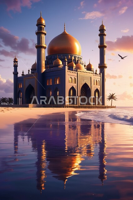 الهندسة المعمارية الفنية لبناء المساجد في المملكة العربية السعودية, القبب والمآذن على الطراز الاسلامي العريق, مبنى مسجد مطل على البحر في النهار, منظر الطيور المحلقة في السماء, نداء المسلمين لأداء الصلوات والعبادات والفرائض