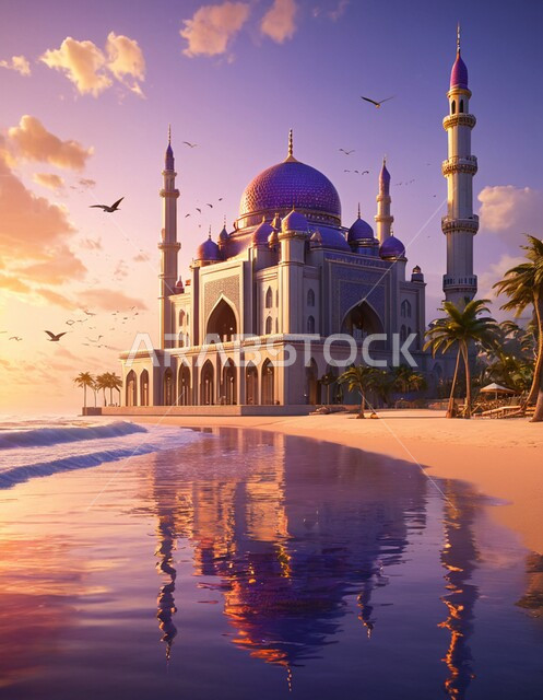 نداء المسلمين لأداء العبادات والفرائض, أجواء روحانية هادئة, الاستمتاع بالمناظر الطبيعية, الفن الهندسي المعماري لمبنى مسجد مطل على البحر في المملكة العربية السعودية, انعكاس مجسم الجامع على سطح المياه, التطور والتقدم العمراني السعودي على الطراز العريق والفاخر