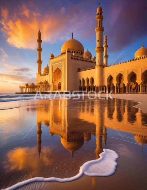أجواء روحانية هادئة, الاستمتاع بالمناظر الطبيعية, الفن الهندسي المعماري لمبنى مسجد مطل على البحر في المملكة العربية السعودية, انعكاس مجسم الجامع على سطح المياه, التطور والتقدم العمراني السعودي على الطراز العريق والفاخر، نداء المسلمين لأداء العبادات والفرائض