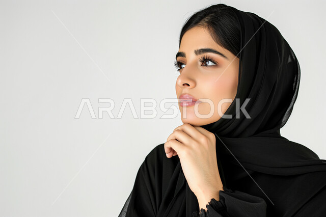 محاولة إيجاد حل لمشكلة ما, إيماءات الحيرة والقلق, التمعن والتركيز والتخطيط للمستقبل، بورتريه مقرب لامرأه خليجيه سعوديه محجبة تضع يدها على ذقنها وتنظر بعيداً بتفكير وتأمل، النظر بشرود إلى مكان ما, خلفية رمادية