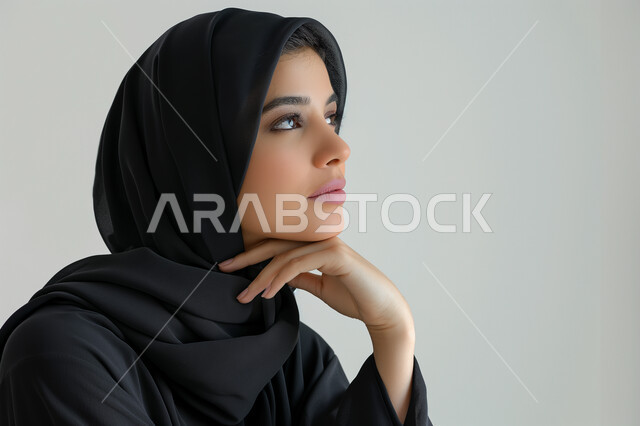 محاولة إيجاد حل لمشكلة ما, إيماءات الحيرة والقلق, التمعن والتركيز والتخطيط للمستقبل، بورتريه مقرب لامرأه خليجيه سعوديه محجبة تضع يدها على ذقنها وتنظر بعيداً بتفكير وتأمل، النظر بشرود إلى مكان ما, خلفية رمادية