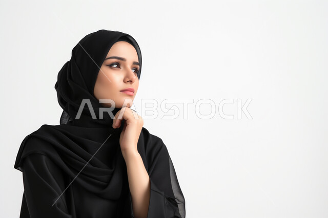 Trying to find a solution to a problem, gestures of confusion and anxiety, contemplation, concentration and planning for the future, close-up portrait of a veiled Saudi Gulf woman with her hand on her chin and looking away in thought and contemplation, looking absentmindedly at a place, white background