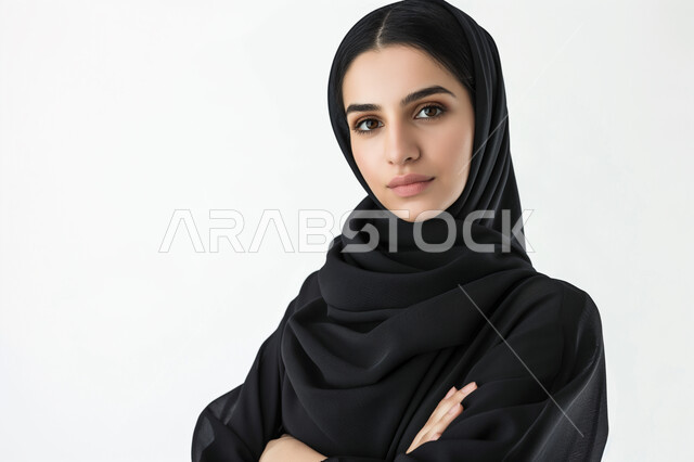 الاهتمام بالأناقة والمظهر الخارجي، التمعن والتركيز والتخطيط للمستقبل، بورتريه مقرب لامرأه خليجيه سعوديه محجبة تنظر الى الكاميرا بإيماءات الثقة بالنفس، التقاط صور شخصية للوثائق الرسمية, خلفية بيضاء